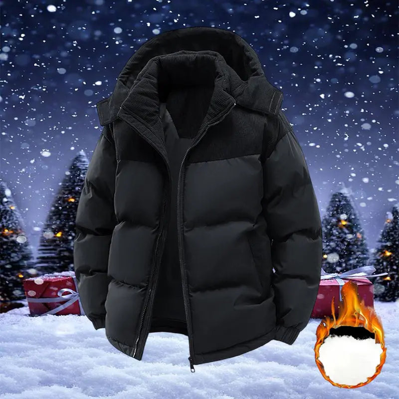 Men’s hooded puffer jacket for warmth and cold protection, corduroy panel color-block winter coat, suitable for extreme cold snow skiing and everyday casual wear.