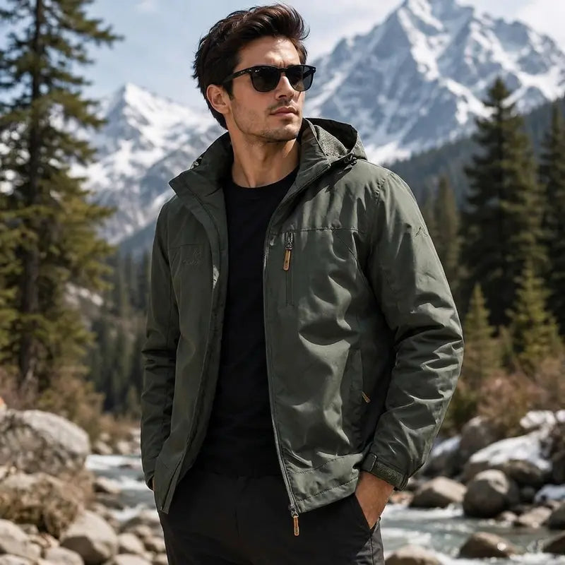 Men's Lightweight Army Green Polyamine Windbreaker Coat, Stylish Detachable Hooded Zipper Multi-Pocket Menswear for Hiking, Spring Autumn Daily Outdoor Use (Lightweight Casual Coats Included)