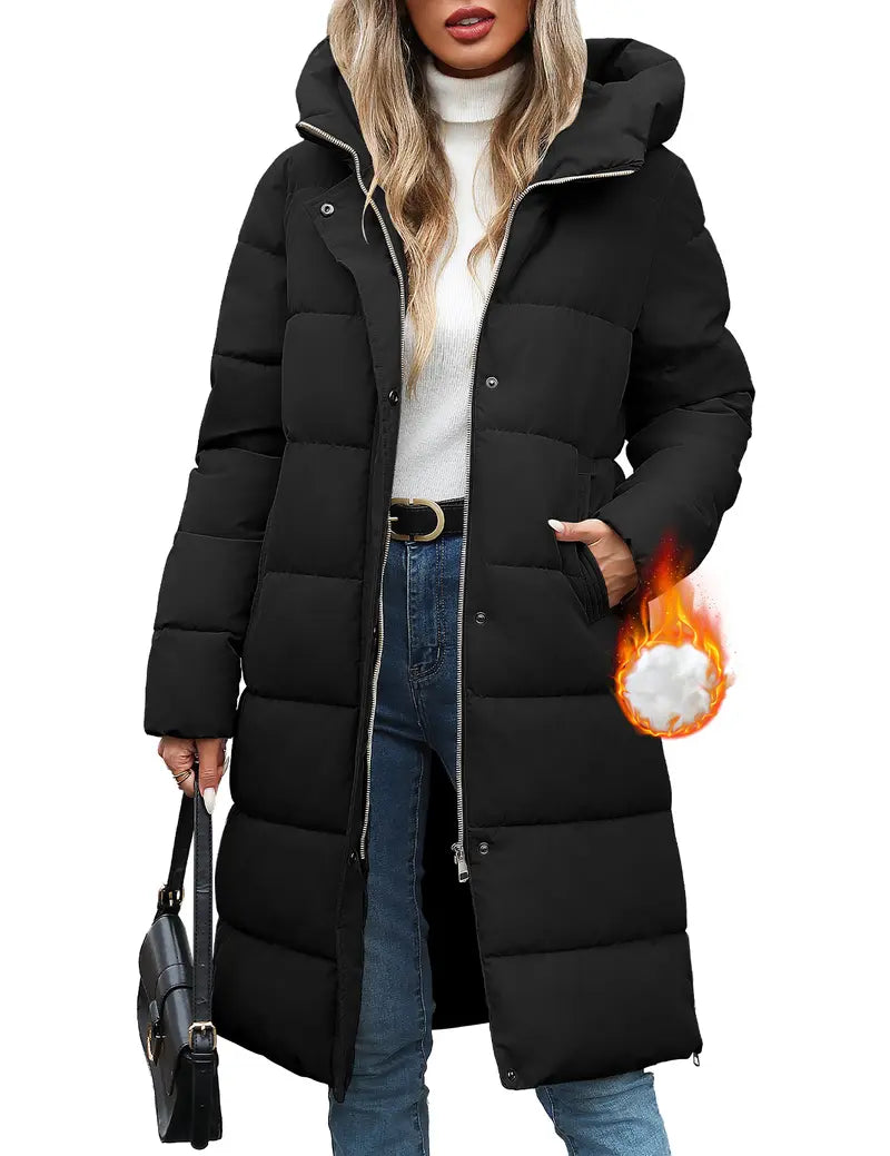 Womens Winter Long Puffer Coats Down Thicken Warm Quilted Jacket Mid-Length with Side Zipper and Hood Outerwear