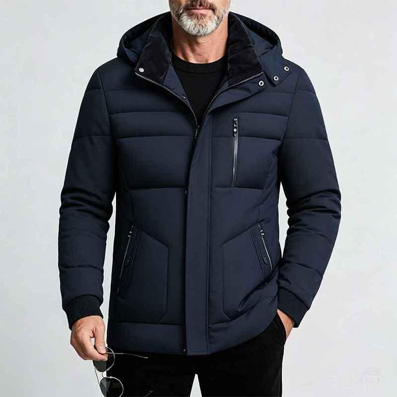 Men's Autumn Winter Mid-Length Hooded Down Coat - Quilted Outerwear Jacket, Coats for Casual Wear, Plain Design, Stylish Zipper-Button Front Closure, Multiple Zippered Pockets, Straight Cut, Casual Topstitching