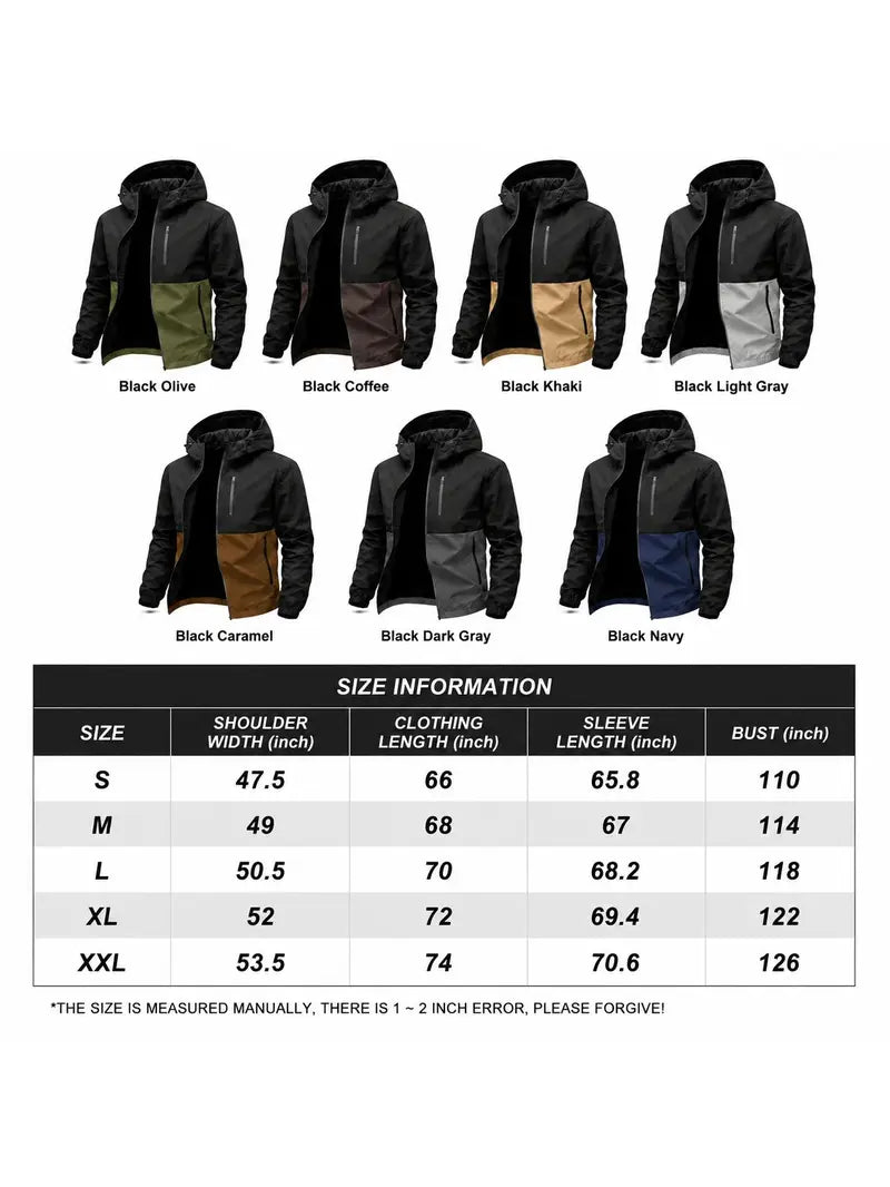 Men’s Color-Block Hooded Hardshell Coat - Tear-Resistant, Wear-Resistant Menswear with Contrast Zip, Multiple Waterproof Zippered Pockets, Adjustable Drawstring Hood, Long-Sleeve Outerwear for Autumn/Winter Mountaineering, Hiking