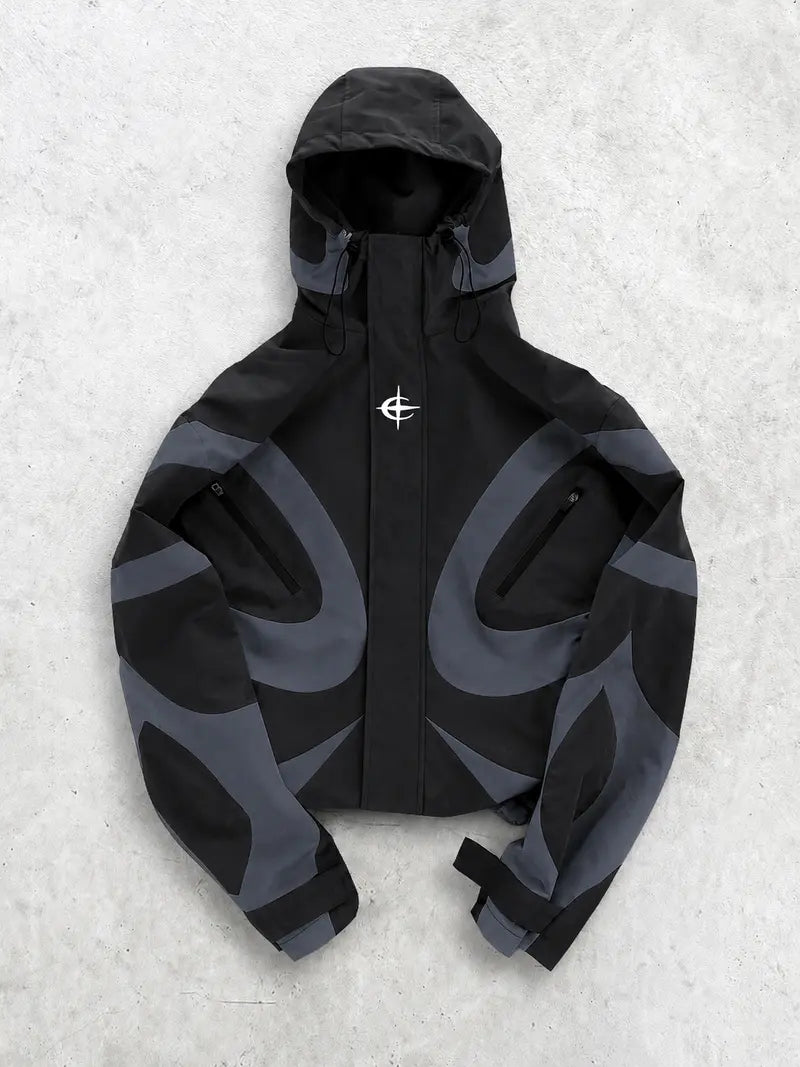 Men's Outdoor Streetwear Hooded Jacket, Techwear Color Block Windbreaker, Lightweight Water Resistant Zip Up Coat, Utility Pocket Casual Shell, Adjustable Hood, Urban Hiking Travel Motorcycle Fall Spring Outerwear, Men's Fashion Daily Wear, TrendyFit