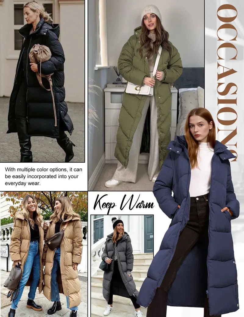 UMIPUBO Lady's Long Sleeve Calf-Length Maxi Puffer Down Coat, Winter Warm Padded Outerwear with Removable Faux Fur Hood, Full-Zip Parka Tops, Detachable Fur, Removable Hood