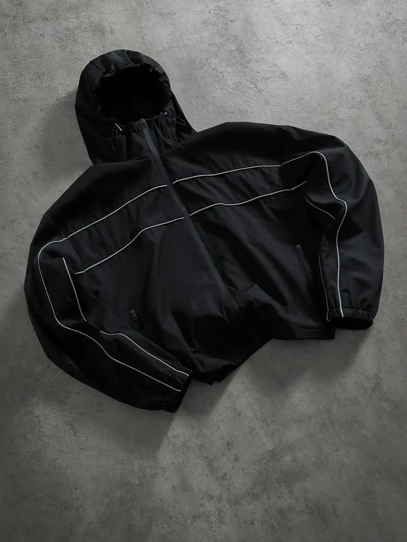 Men's Fashion Techwear Windbreaker Jacket - Hooded Drop-Shoulder Full-Zipper Top, Smooth Polyester, Reflective Sleeves, Water-Resistant, Long, Loose, Elastic, Pocket, Streetwear Outerwear