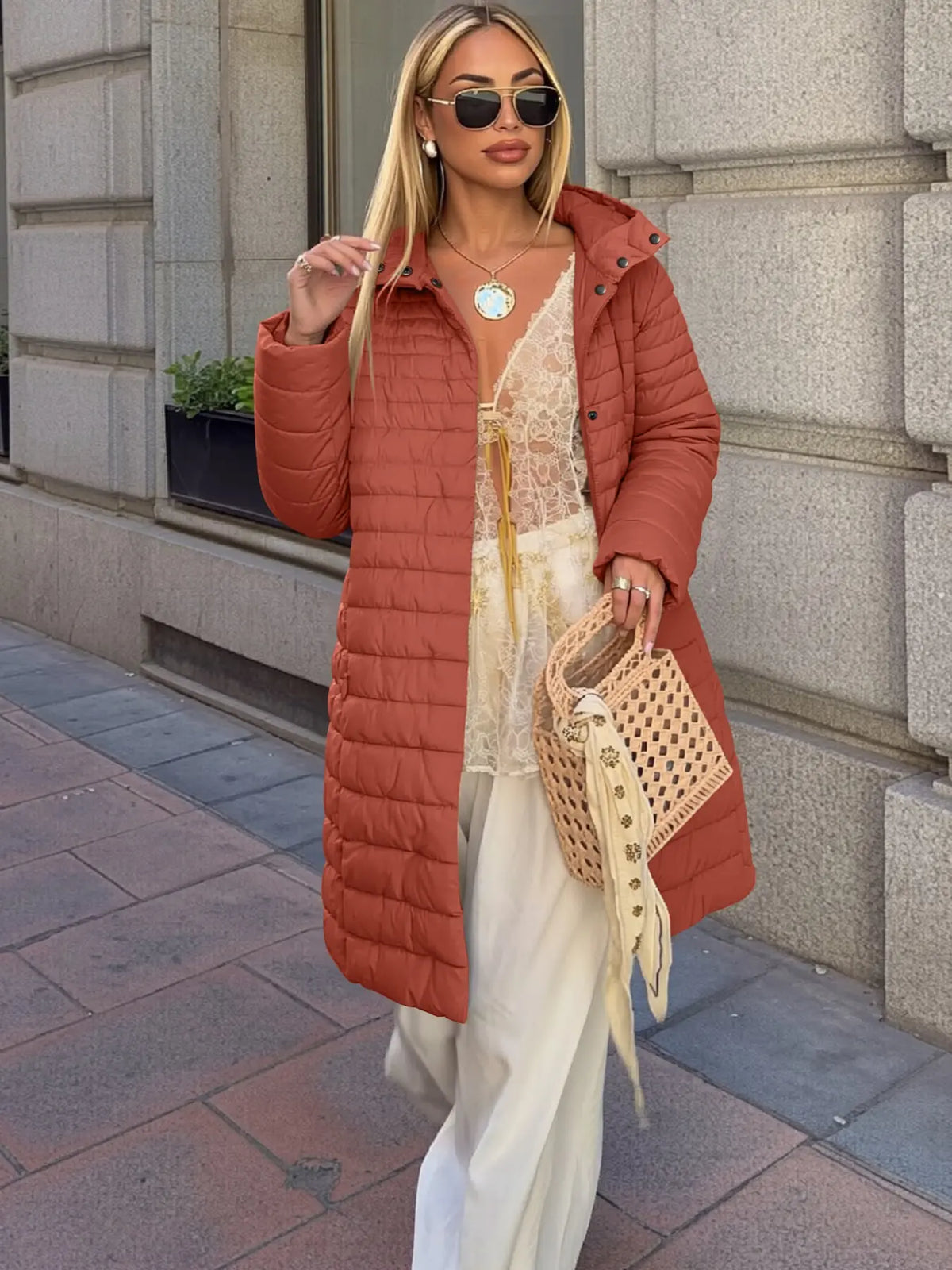 Women's Mid-Length Puffer Coat, Casual Hooded Top with Pockets and Buttons, Fall & Winter Warm Woven Outerwear, Lightweight Thick Fabric Womenswear