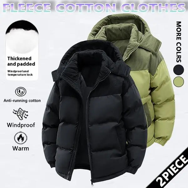 Men's Stylish Woven Color Block Padded Puffer Quilted Coat - Warm Fleece-Lined, Windproof Winter Outerwear with Removable Hood, Casual Jacket