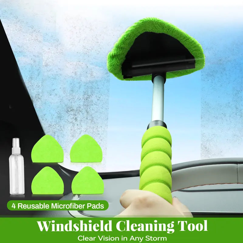 Windshield Cleaning Tool, Microfiber Car Window Cleaner with 4 Reusable and Washable Microfiber Pads and Extendable Handle