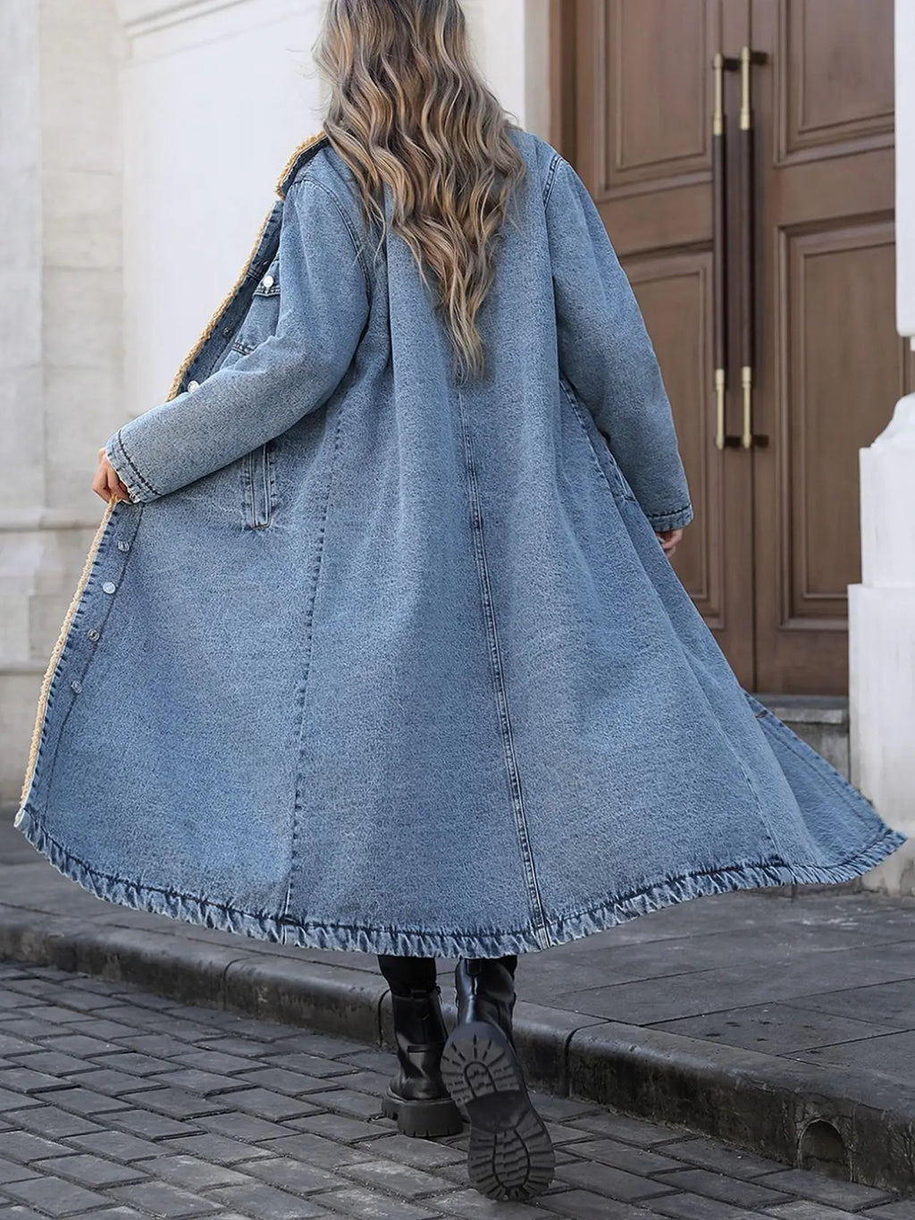 Women's Fall and Winter Casual Loose-Fit Long Jacket, Elegant Turn-Down Collar Warm-Lined Denim Coat for Plus-Size Women