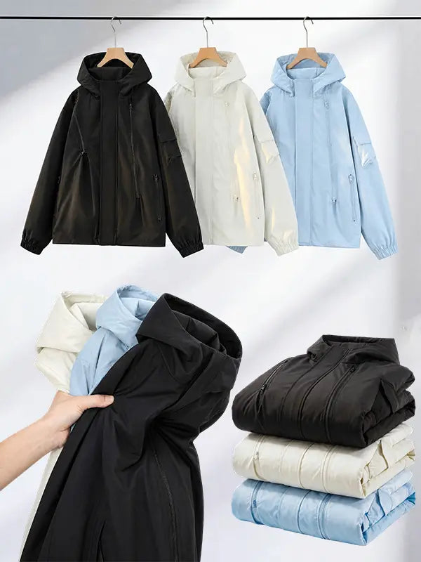 Men’s hooded windbreaker jacket, water-resistant fabric loose cargo outerwear with multiple zippered pockets, everyday outdoor casual top