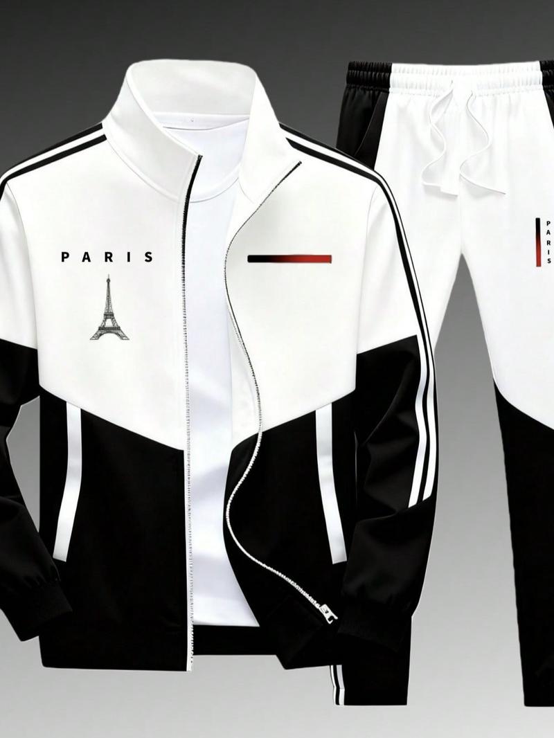 Men's 2-Piece Paris Logo Sportswear Set - Sports Outerwear Jacket & Jogging Pants, Geometric Print, Stand-Up Collar, Zipper Closure, Color-Matching Design, All-Season Streetwear Fashion Apparel Clothes Suits