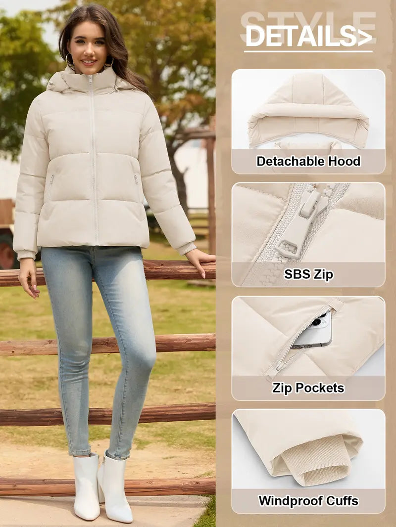 Women's Short Puffer Winter Jacket, Detachable Hood, SBS Zipper, Water Repellent 100% Polyester Fabric, Windproof Ribbed Cuffs, Secure Zip Pockets Casual Warm Outerwear for Daily Outdoor Wear