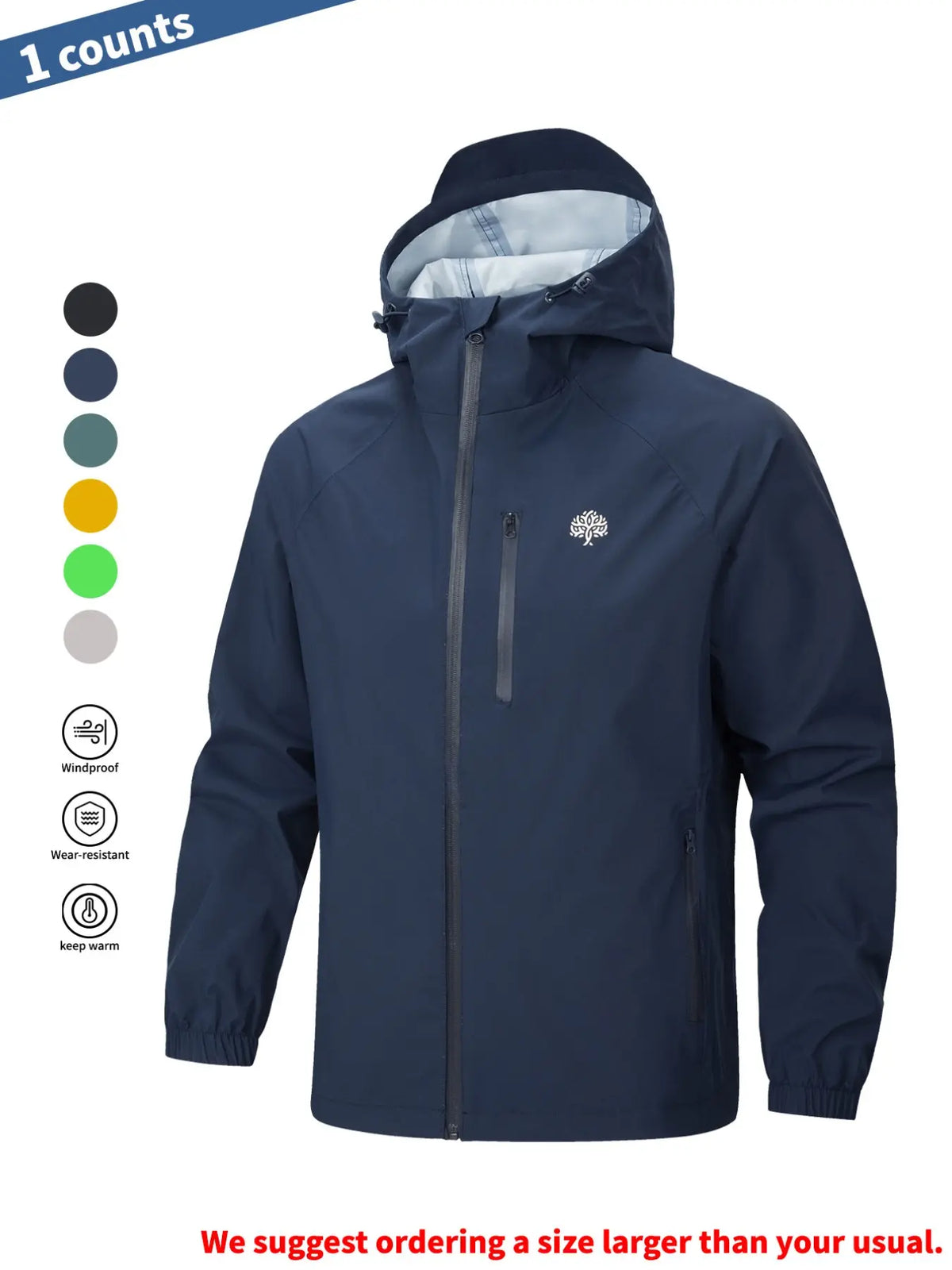 Men's Casual Sporty Hooded Jacket, Long Sleeve with Zipper & Pockets, Windproof & Waterproof, Lightweight & Soft, Ideal for Hiking, Cycling & Camping, Outerwear, Sports Casual Jacket