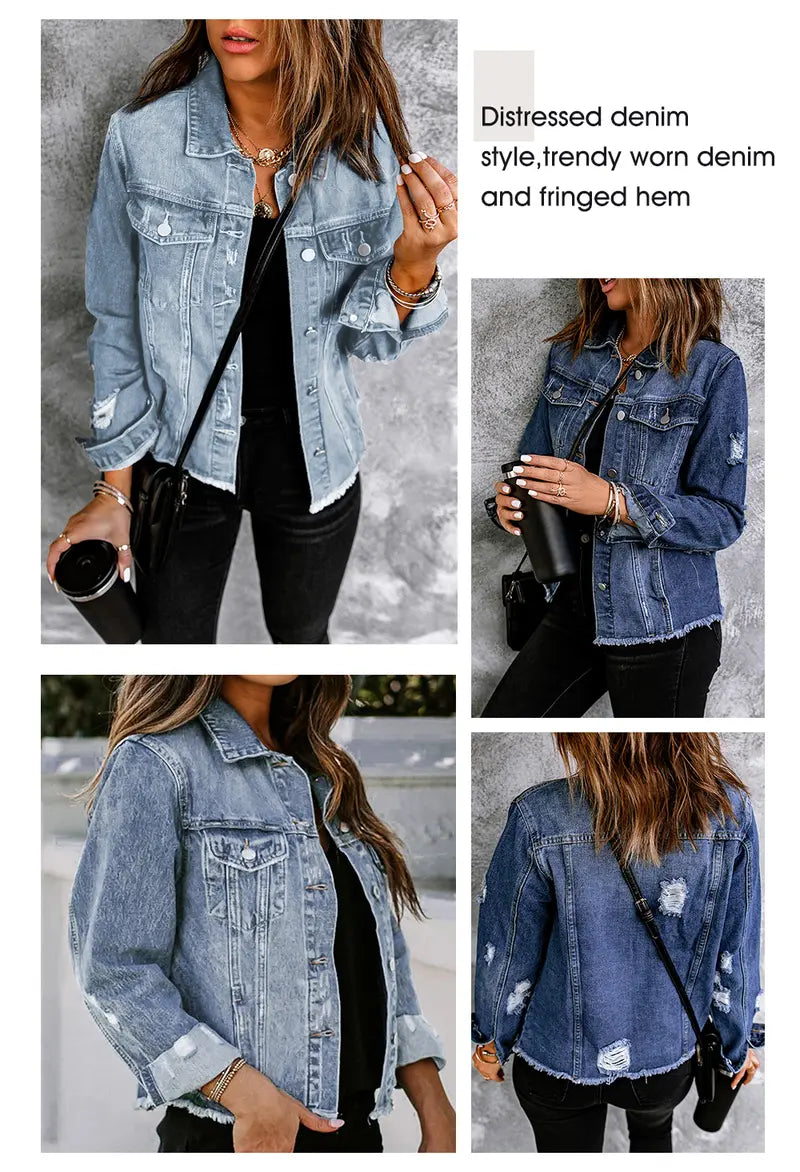EVALESS Women's Casual Short Jean Jackets Non Stretch Distressed Ripped Boyfriend Washed Coats Lapel Long Sleeve Denim Jacket Outwear Tops 2026 Womenswear Spring Winter Outfits Deals For You Days summer outfits,back to school,back to school shoppi...