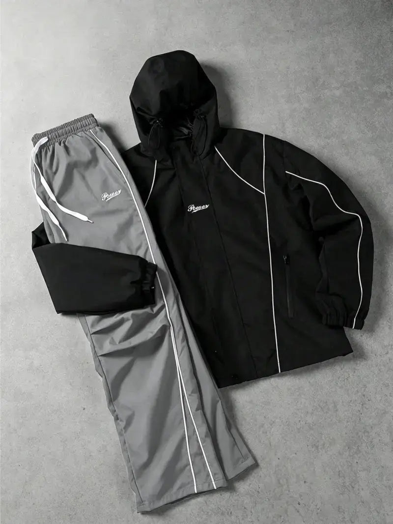 Men's Reflective Lettered 2-Piece Windbreaker Tracksuit - Male Clothing, Drawstring Hood, Elasticated Cuffs, Windproof, Suitable for Spring/Autumn Commuting, Night Running