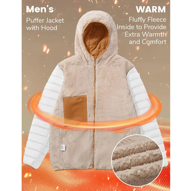 MAGCOMSEN Men's Puffer Down Jacket - Hooded, Sherpa Lined, Waterproof, Water Resistant, Zip Closure, with 1 Hidden Inner Pocket Winter Coat