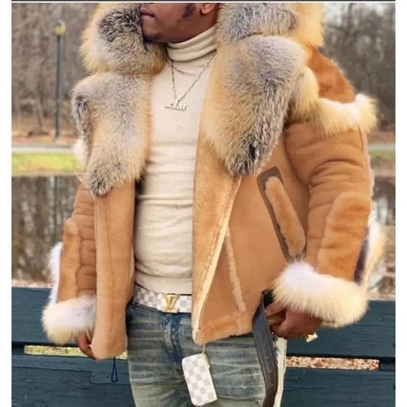 Material Upgrade Thickened Domestic Wearable Quality Men's Faux Leather Velvet Large Fur Collar Long Sleeve Jacket 6516