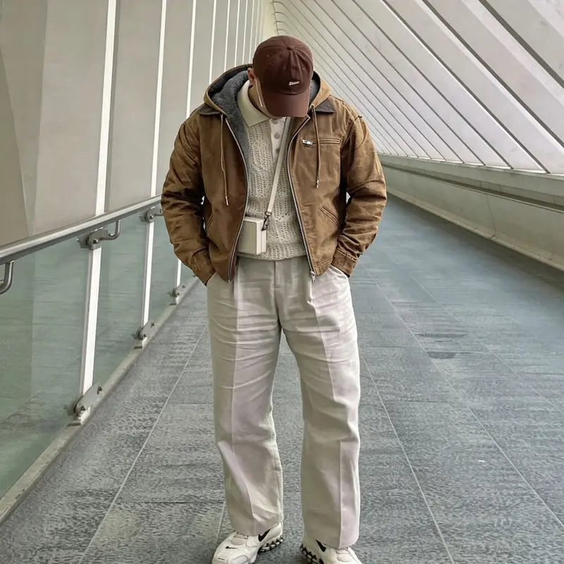 Men’s fleece-lined hooded canvas work jacket, zip-up removable collar, warm winter utility outerwear, casual trucker coat