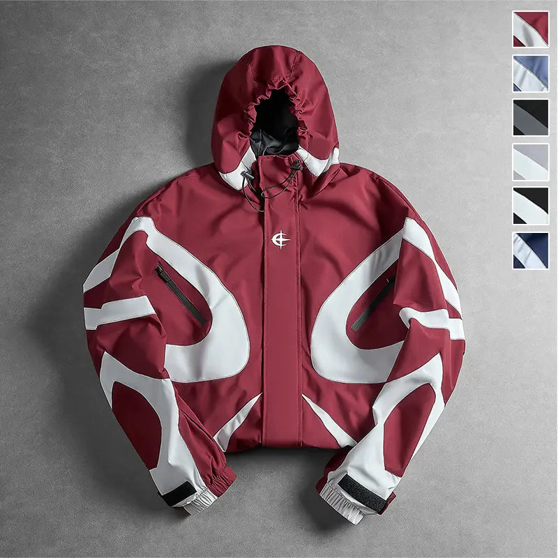 All Season Curved Contrast Spliced Fixed Hood Wind Jacket for Men, Tiny Chest Logo Velcro Cuffs & Drawstring Bottom Hem, Durable Light Zip Up Outer Coat for Shopping Training Street Style