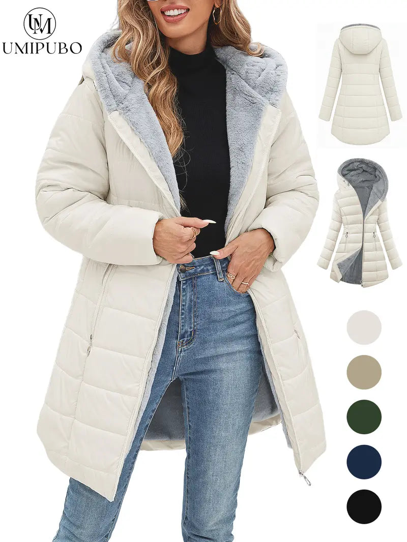 UMIPUBO Women's Long Sleeve Furry Puffer Down Jacket - Windproof, Waterproof, Slim Fit, Adjustable Coat for Commuting, Winter Outfits