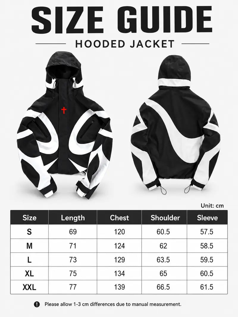 Men's Baggy Cross-Print Hooded Zip-Up Techwear Windbreaker Jacket - Textured Woven Fabric, Waterproof, Long-Sleeve, Lightweight, Unisex Fit, Patchwork, Outdoor/Party/New Year Wear, Biker Streetwear Work Top