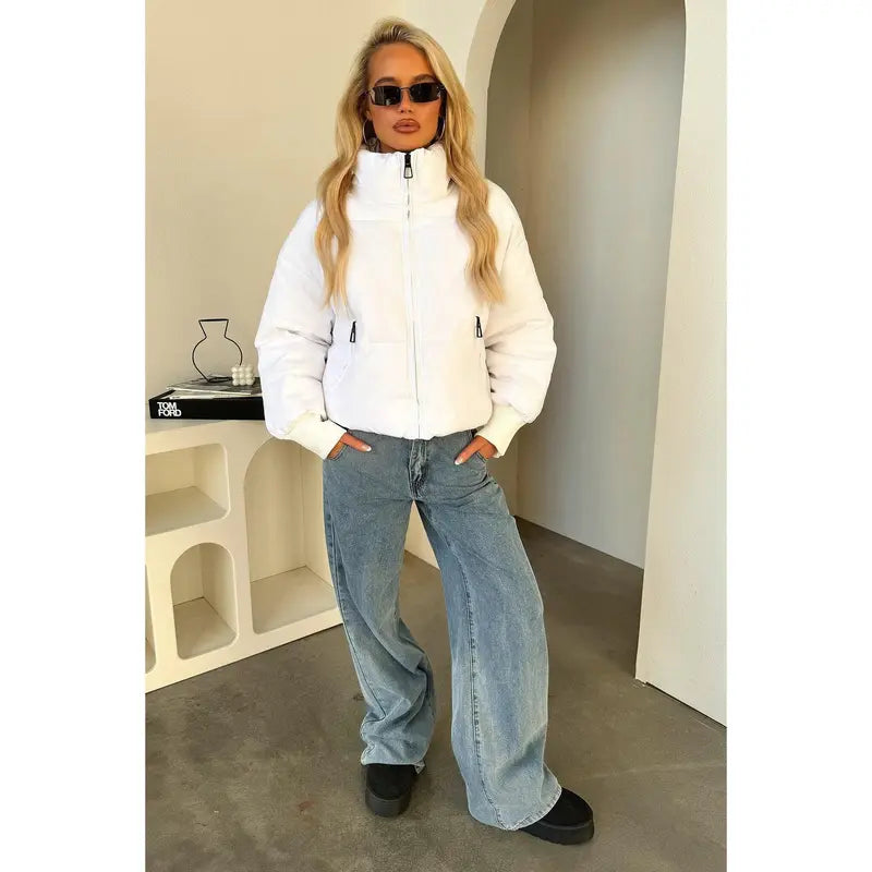 That's So Fetch Men's Long Plain Zip-Front Cuffed Ribbed Soft-Style Ajax Puffer Jacket, White, Comfy Casual Tops & Coats, Sleeved Menswear Outerwear