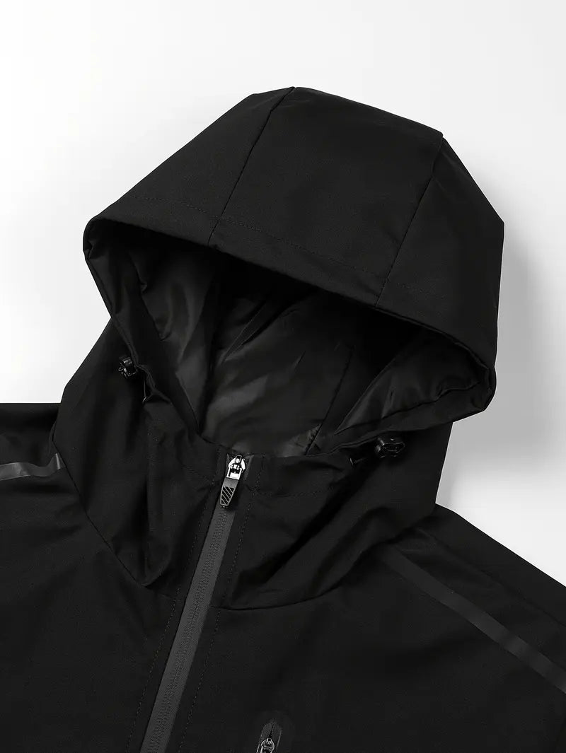Men’s Color-Block Hooded Hardshell Coat - Tear-Resistant, Wear-Resistant Menswear with Contrast Zip, Multiple Waterproof Zippered Pockets, Adjustable Drawstring Hood, Long-Sleeve Outerwear for Autumn/Winter Mountaineering, Hiking