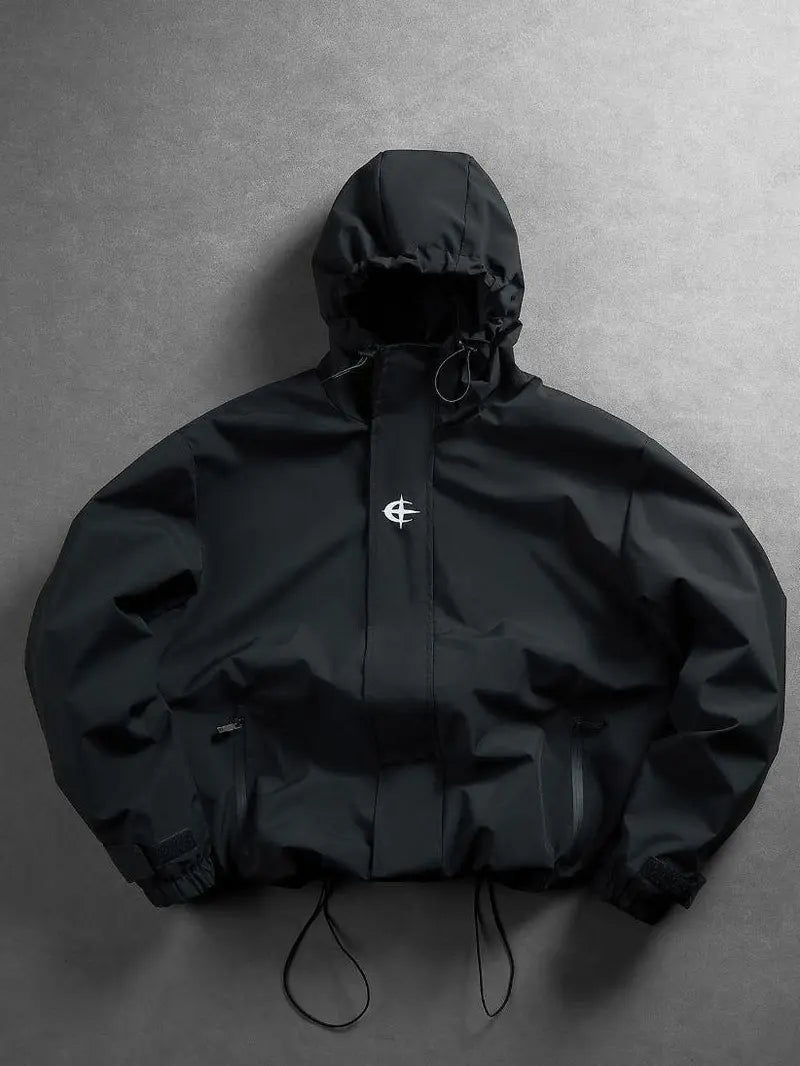Men's Polyester Lightweight Windproof Hooded Rain Jacket - Men's Clothing Zip-Front Track Jacket, Water-Resistant Breathable Black Outdoor Wear with Adjustable Hood for Running, Hiking