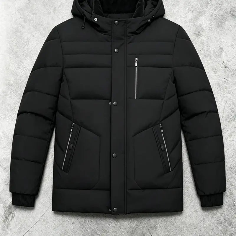 Men's Autumn Winter Mid-Length Hooded Down Coat - Quilted Outerwear Jacket, Coats for Casual Wear, Plain Design, Stylish Zipper-Button Front Closure, Multiple Zippered Pockets, Straight Cut, Casual Topstitching