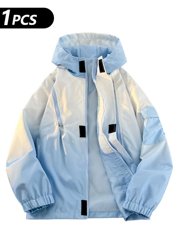 Men’s Gradient Long Sleeve Hooded Work Jacket - Polyester, Loose-Fit, Zip-Up, Multiple Pockets, Windproof, Casual Fashion Outerwear, Modern Style Lightweight Work Jackets, Zip Up Hoodies