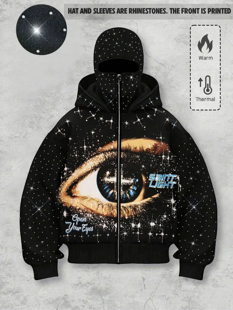 double hood rhinestone street casual loose men's zipper hoodie eye print sweatshirt, Graphic print hoodie autumn and winter fleece warm men and women brand Y2K jacket cool nightclub rock hip-hop music festival