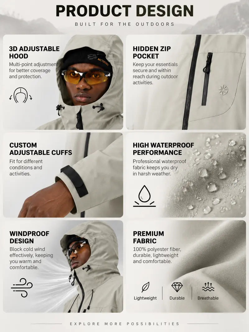 【CREATOR’S PICK】CAONAT Unisex Waterproof Hooded Jacket, Lightweight Outdoor Windbreaker with Zip Pockets, Adjustable Cuffs, Hiking & Casual Rain shell Jacket
