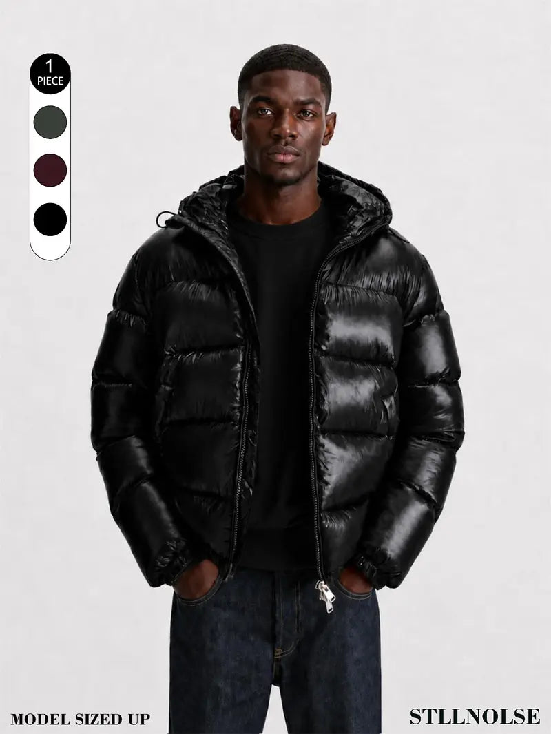 Men's Glossy Hooded Puffer Jacket, Full Zip Quilted Outerwear with Elastic Cuffs for Fall Winter Streetwear & Everyday Layering, Model Wears One Size Up for a Relaxed Look