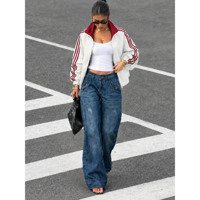 Women Reversible Zip Up Track Jacket, Striped Sleeve Stand Collar Windbreaker, Two Wear Ways Loose Drop Shoulder Outerwear, Elastic Cuffs Casual Athletic Coat, Lightweight Reversible Sport Jacket For Daily Streetwear, Shopping And Weekend Hangouts