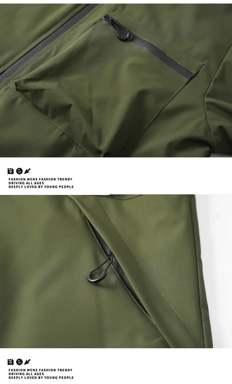 Men's Fitted Solid Woven Hooded Jacket - Waterproof, Windproof, with Zippered Pockets for Outdoor, Casual Wear