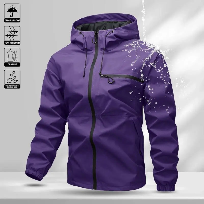 Men’s solid-color waterproof windproof hooded jacket with drawstring and zipper, casual long sleeves with zippered pockets, outdoor activity outerwear, men’s all-season clothing