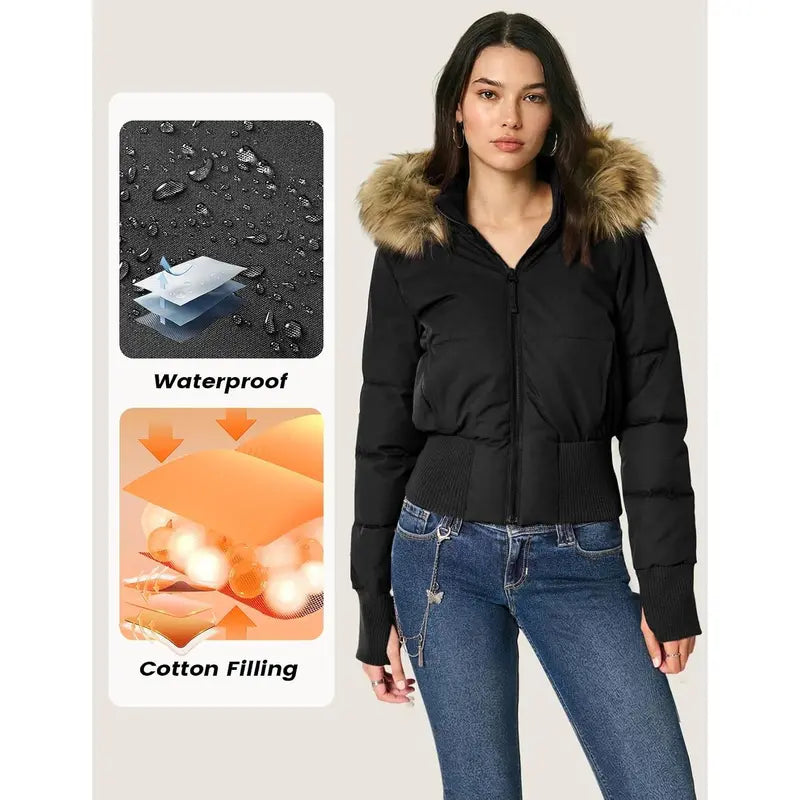 Arssm Womens Cropped Puffer Jacket Hooded Winter Warm Puffer Coat