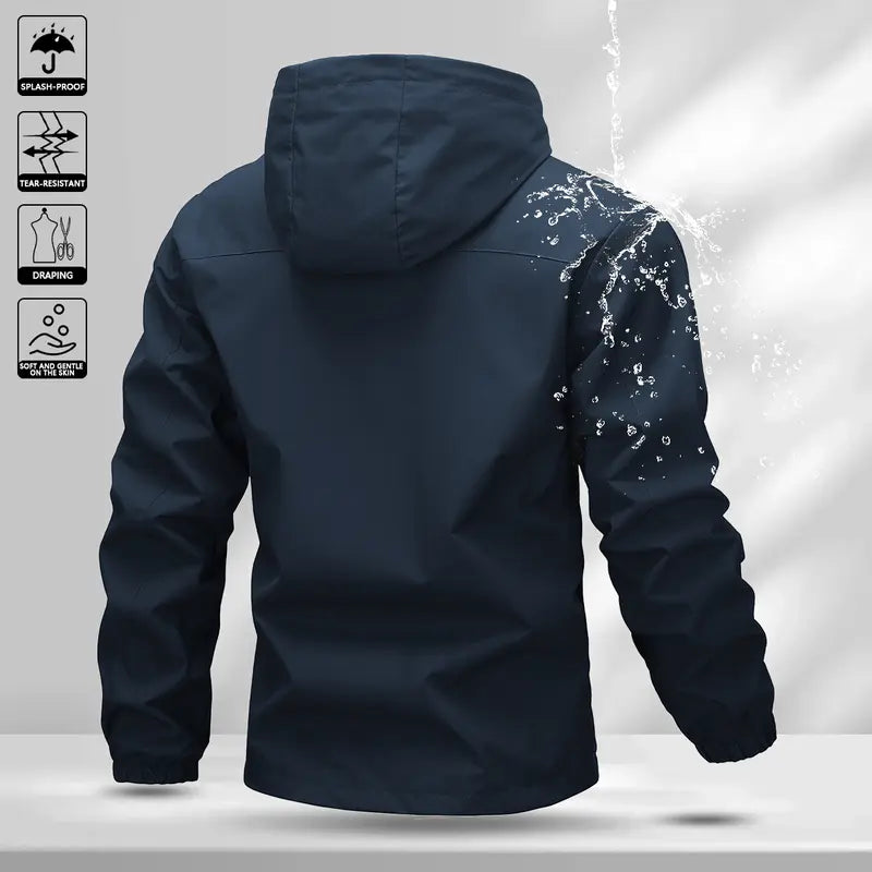 Men’s softshell lightweight windproof hooded jacket with drawstring design, sporty casual style, large front pocket, side zip closure, suitable for spring and autumn, back to school season outfits, long sleeve version ideal for outdoor wear in spring