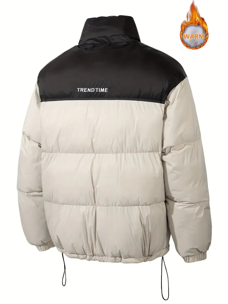 Men’s Winter Contrast‑Color Stand Collar Puffer Jacket, Windproof Warm Regular‑Fit Outer Coat, Casual Loose Outerwear for Daily Lifestyle & Outdoor Activities