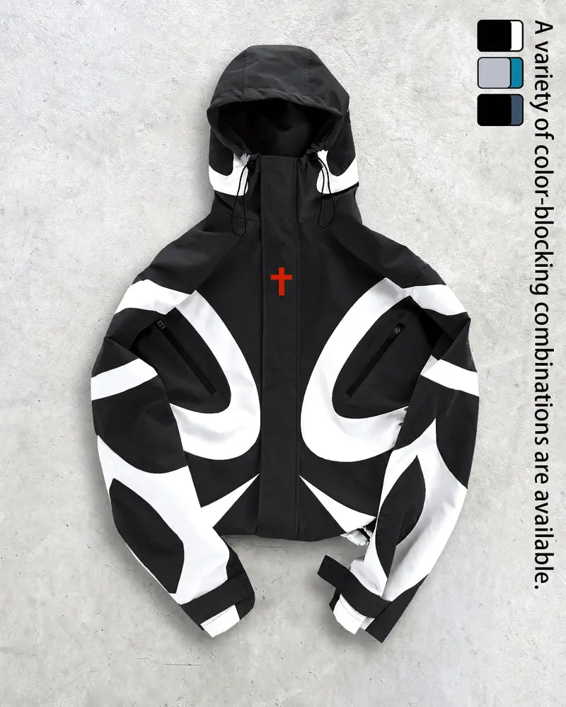 Men's Baggy Cross-Print Hooded Zip-Up Techwear Windbreaker Jacket - Textured Woven Fabric, Waterproof, Long-Sleeve, Lightweight, Unisex Fit, Patchwork, Outdoor/Party/New Year Wear, Biker Streetwear Work Top