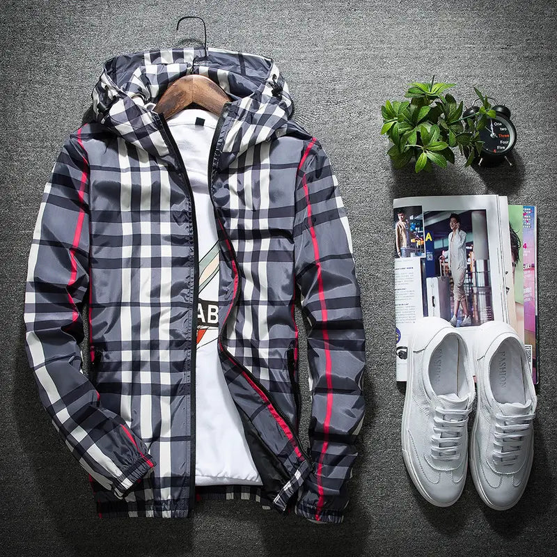 Men’s Spring Fall Lightweight Hooded Jacket, Zip-Up Windbreaker with Adjustable Drawstring, Stand Collar Option, Contrast Stripe Detail, Casual Plaid Outerwear in Khaki