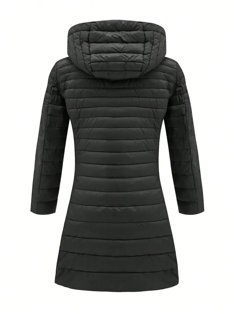 Women's Mid-Length Puffer Coat, Casual Hooded Top with Pockets and Buttons, Fall & Winter Warm Woven Outerwear, Lightweight Thick Fabric Womenswear