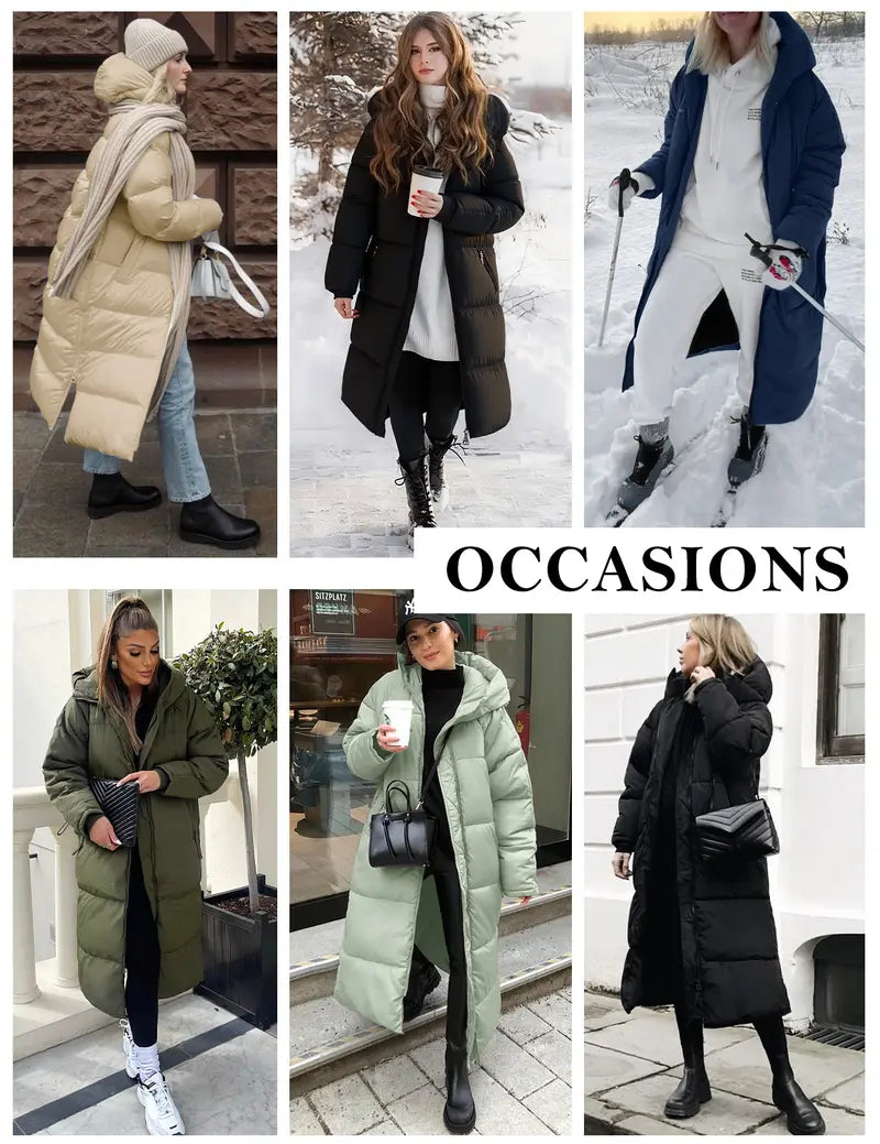 FASHORA Women Long Quilted Coat Hooded Maxi Length Long Sleeve Puffer Jacket Padded Coat Winter Outerwear Water-repellent
