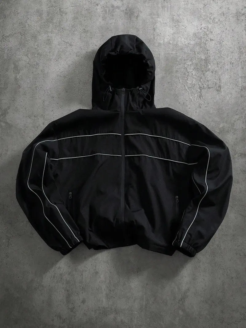 Men's Fashion Techwear Windbreaker Jacket - Hooded Drop-Shoulder Full-Zipper Top, Smooth Polyester, Reflective Sleeves, Water-Resistant, Long, Loose, Elastic, Pocket, Streetwear Outerwear