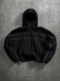 Men's Fashion Techwear Windbreaker Jacket - Hooded Drop-Shoulder Full-Zipper Top, Smooth Polyester, Reflective Sleeves, Water-Resistant, Long, Loose, Elastic, Pocket, Streetwear Outerwear