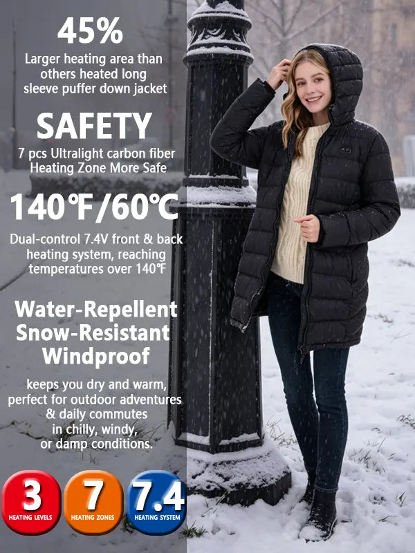 Norwell New Women's Heated Long Sleeve Puffer Down Jacket with 7.4V 5000mAh Battery Pack, Dual Control 7 Heat Zones Winter Windproof Waterproof Warm Slim Fit Coat with Hood for Commuting, Full-Zip Parka, Winter Outfits #FallFreshness #outdoorfun