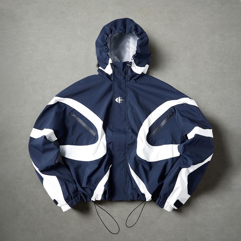 Men's Color-Block Patchwork Tiered Layer Polyester Windbreaker - Hooded Waterproof Medium-Length Zip-Up Jacket for Hiking, Commuting, Polyester Clothes, Machine Washable