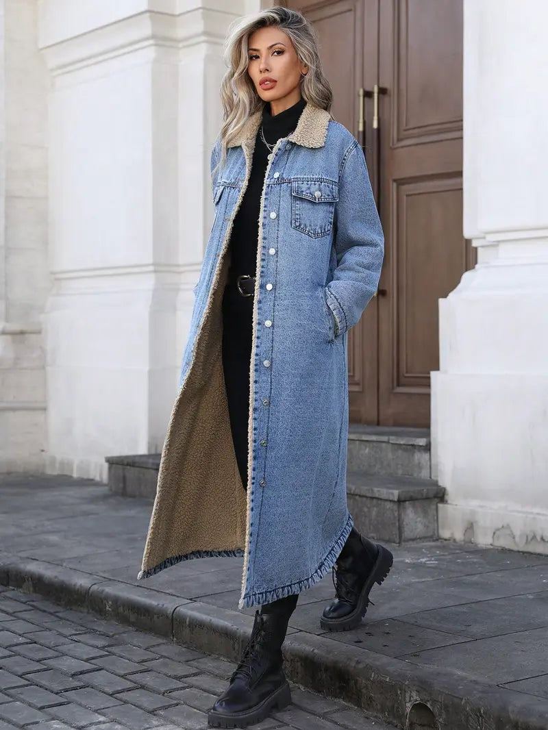 Women's Fall Winter Chic Fashion Long Cozy Denim Jacket with Long Sleeves, Elegant Lapel Single Button Fleece Lined Warm Coat, Casual Versatile Outerwear