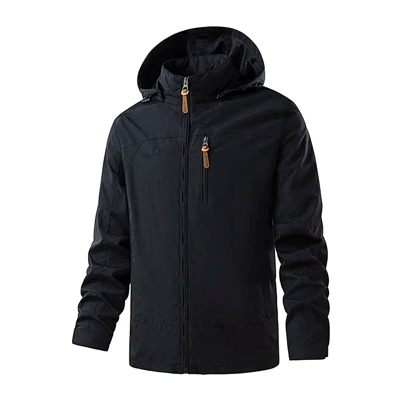 Men's Polyester Plain Full-Zip Water-Resistant Windbreaker Jacket with Hood, Lightweight Outdoor Shell Coat for Hiking, Daily Outdoor Wear