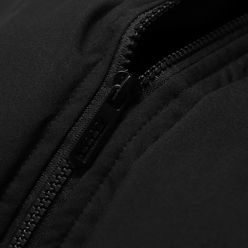 All-Black Men's Woven Hooded Jacket - Winter Thick Warm Slim Fit Long-Sleeve Casual Top, Detachable Faux Fur Collar, Couples Style, Zipper, Drawstring, Layering Outerwear Essential, M Size, Fitted Fleece Lining, New Year Wear