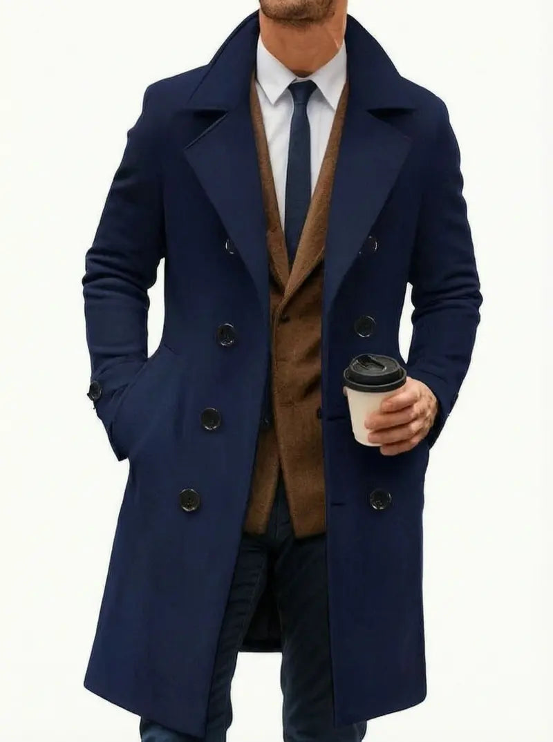 Men’s long trench coat jacket with notched lapel collar, double-breasted design, slim fit, classic mid-length overcoat